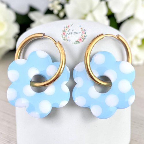 Boucles d'oreilles créoles interchangeables "camélia - bleu ciel"