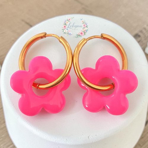 Boucles d'oreilles créoles interchangeables "lolly - rose fluo"