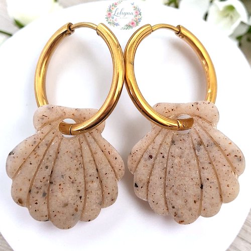 Boucles d'oreilles créoles interchangeables " coquillage beige effet sable"