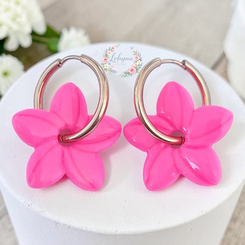 Boucles d'oreilles créoles interchangeables "aloha - rose fluo"