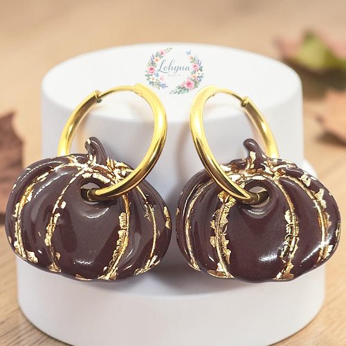 Boucles d'oreilles créoles interchangeables " citrouille - marron "
