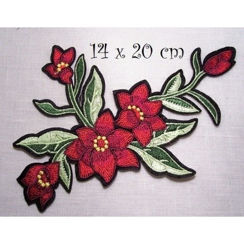 Grand écusson - bouquet de fleurs rouges ** 14 x 20 cm ** patch brodé thermocollant - applique à repasser - c5391