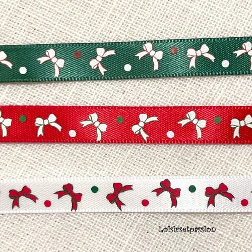 Ruban satin motifs de noël, noeud et petit point, blanc, rouge ou vert ** 10 mm ** vendu au mètre