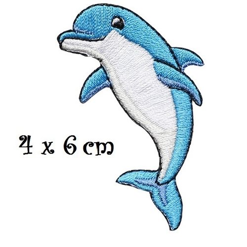 Écusson patch brodé thermocollant - poisson dauphin bleu blanc ** 4 x 6 cm ** applique à repasser