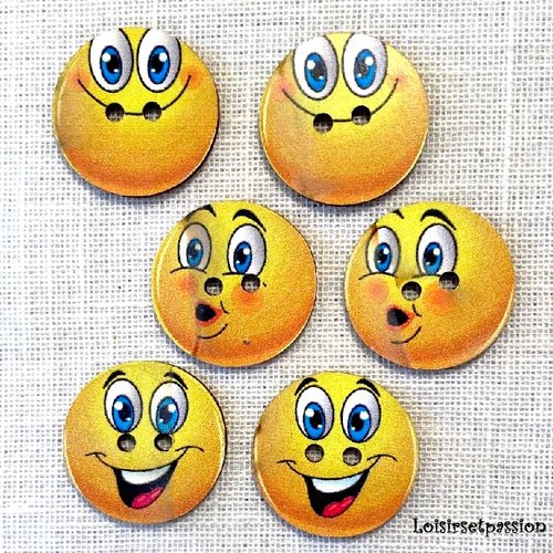 Lot de 6 boutons bois - tête ronde smiley sourire jaune ** 24 mm ** bouton fantaisie 2 trous - bbf03