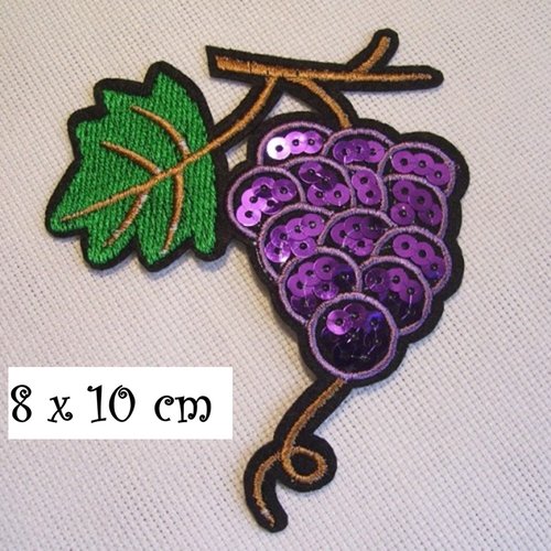 Écusson patch thermocollant - grappe raisin feuille vigne ** 8 x 10 cm ** applique brodée à repasser