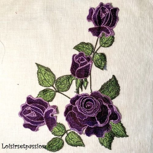 Applique brodée / violine ** 23 x 34 cm ** fleurs rose et feuille - patch à coudre - acd51