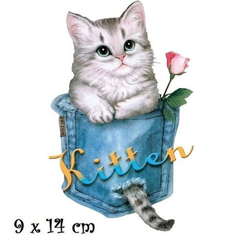 Patch applique, dessin transfert thermocollant, petit chat blanc dans poche de jean, 9 x 14 cm, sérigraphie à repasser - t023