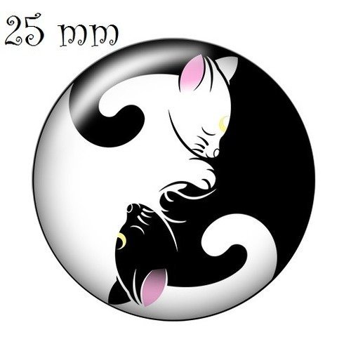 Cabochon en verre, 25 mm, chat noir et blanc, ying yang, vendu à l'unité, création bijoux - c102