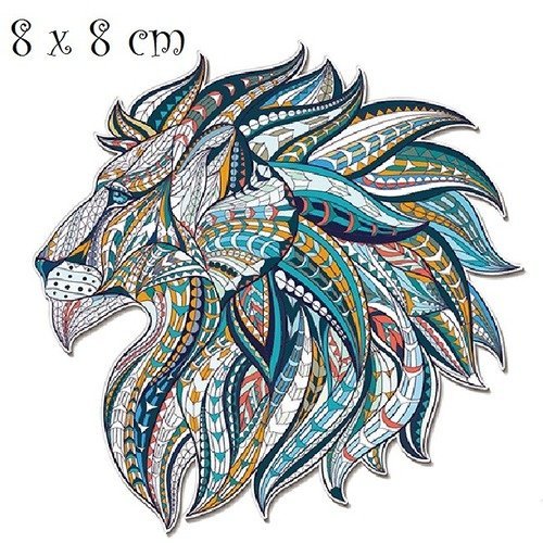 Patch applique, dessin transfert thermocollant, tête de lion de profil ton bleu, 8 x 8 cm, sérigraphie à repasser - t051