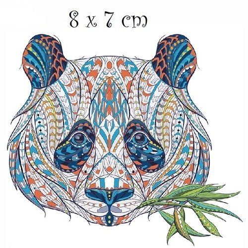 Patch applique, dessin transfert thermocollant, tête ours panda, feuille de bambou, 8 x 7 cm, sérigraphie à repasser - t054