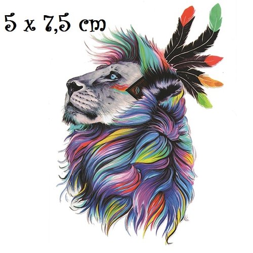 Patch applique, dessin transfert thermocollant, tête de lion, crinière multicolore, 5 x 7,5 cm, sérigraphie à repasser - t061