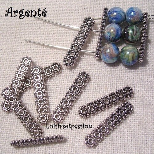 Lot de 10 barres entretoise argenté, séparateur perles, multi rangs 7 trous ** 23 x 5 mm ** pm01