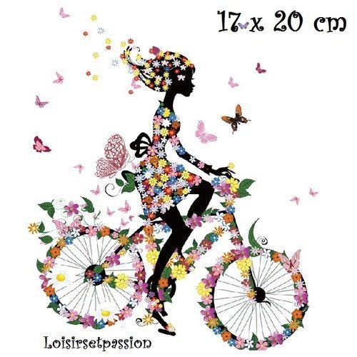 Patch applique, dessin transfert thermocollant, fille à bicyclette, vélo, robe, papillons, 17 x 20 cm, sérigraphie à repasser - t998