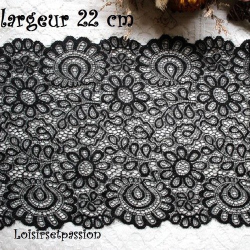 D77 / noir - large dentelle élastique, fleurs feston, 22 cm, vendu par 50 cm, couture, lingerie