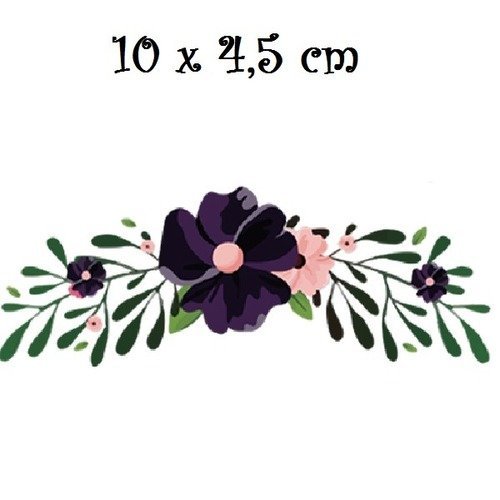Patch applique, dessin transfert thermocollant, bouquet de fleurs, pensée violette , 14 x 4,5 cm, sérigraphie à repasser - t084