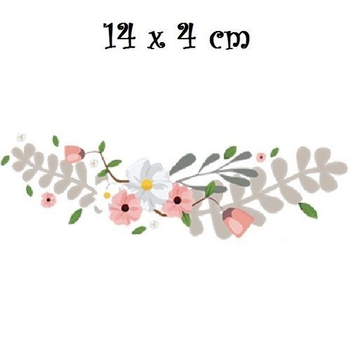 Patch applique, dessin transfert thermocollant, bouquet de fleurs, ton blanc rose, 14 x 4 cm, sérigraphie à repasser - t083