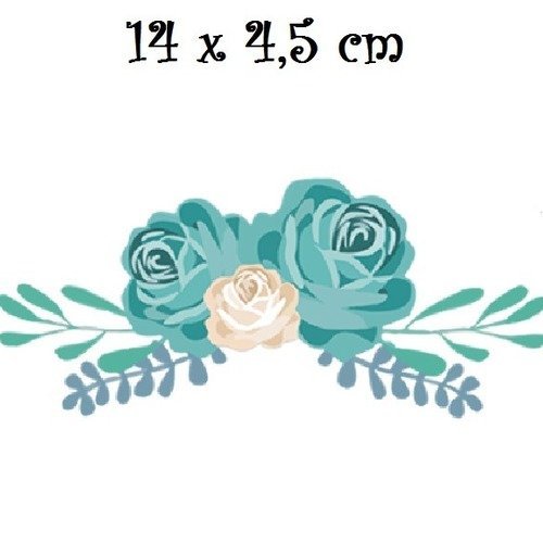 Patch applique, dessin transfert thermocollant, bouquet de fleurs, roses bleues crèmes , 14 x 4,5 cm, sérigraphie à repasser - t082