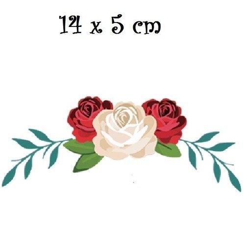 Patch applique, dessin transfert thermocollant, bouquet de fleurs, roses crèmes rouges , 14 x 5 cm, sérigraphie à repasser - t081