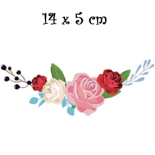 Patch applique, dessin transfert thermocollant, bouquet de fleurs, roses crèmes rouges roses , 14 x 5 cm, sérigraphie à repasser - t080