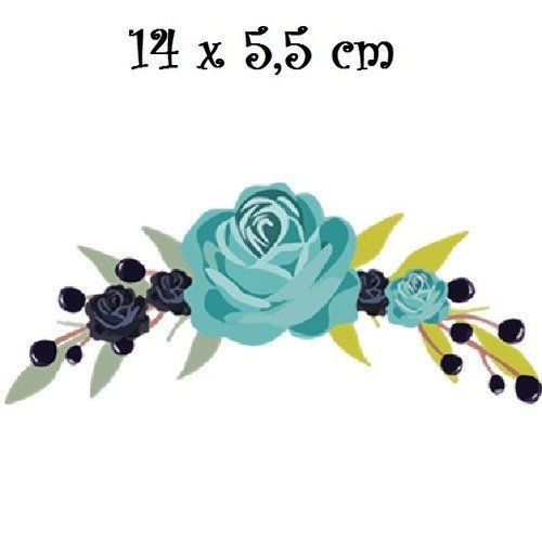 Patch applique, dessin transfert thermocollant, bouquet de fleurs, roses bleues noires , 14 x 5,5 cm, sérigraphie à repasser - t079