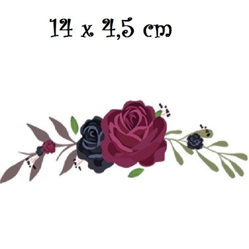 Patch applique, dessin transfert thermocollant, bouquet de fleurs, roses bordeaux noires , 14 x 4,5 cm, sérigraphie à repasser - t078