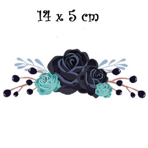 Patch applique, dessin transfert thermocollant, bouquet de fleurs, roses noires bleues, 14 x 5 cm, sérigraphie à repasser - t075