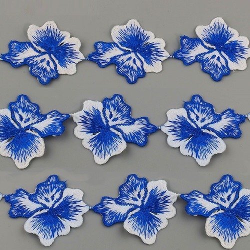 Galon ruban applique fleur bicolore / bleu blanc ** 45 mm ** à coudre - vendu à l'unité - ad08