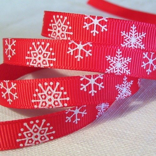 Ruban noel - noël étoiles de neige / rouge ** 10 mm ** ruban gros grain imprimé - vendu par 50 cm