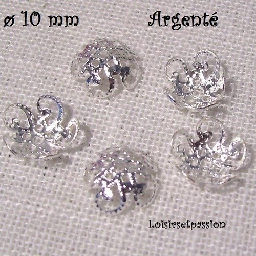 Lot de 50 coupelles / calotte, arabesque filigrane, métal argenté, 10 mm, convient pour perles 10 mm - c07
