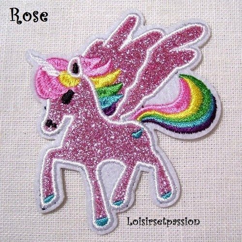 Patch écusson thermocollant - cheval poney licorne scintillant, rose ** 7 x 8 cm ** applique à repasser