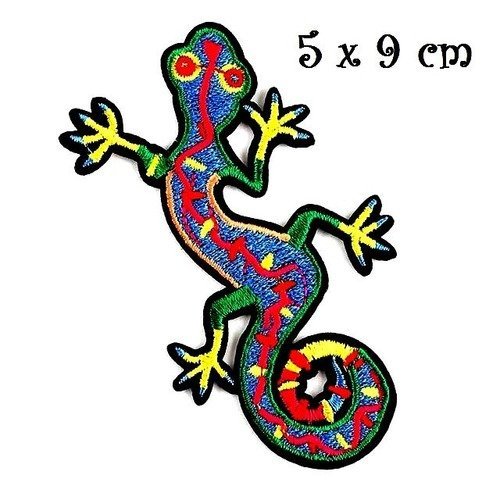 Patch écusson thermocollant - lézard salamandre gecko, couleur orientale ** 5 x 9 cm ** applique brodée à repasser