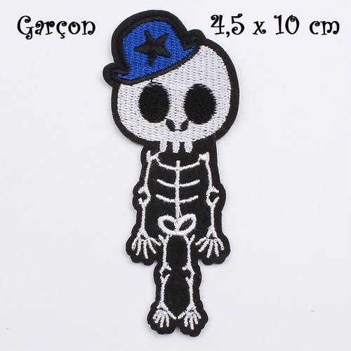 Écusson thermocollant - halloween squelette garçon, chapeau bleu ** 4,5 x 10 cm ** applique patch brodé à repasser