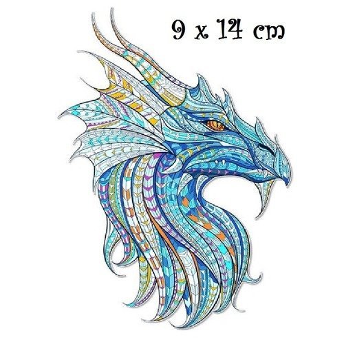 Patch applique, dessin transfert thermocollant, tête de dragon ton bleu, 9 x 14 cm, sérigraphie à repasser - t103