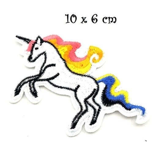 Écusson patch thermocollant, cheval blanc licorne, crinière arc en ciel, 10 x 6 cm, applique à repasser
