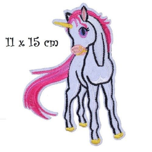 Applique patch écusson, grand cheval poney licorne blanc, crinière queue rose, 11 x 15 cm, thermocollant à repasser