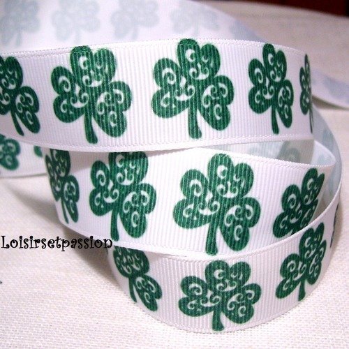Ruban gros grain imprimé, fleur trèfle dentelle, vert et blanc, saint patrick, 22 mm, vendu par 50 cm
