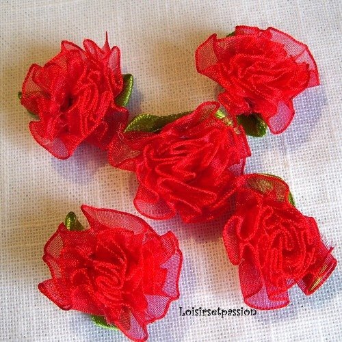 Applique fleur froufrou en ruban organza, rouge ** 30 mm ** à coudre ou à coller, vendu à l'unité - f09