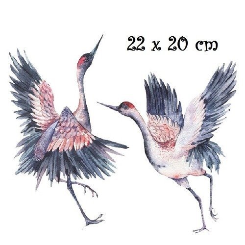Patch applique, dessin transfert thermocollant, couple oiseaux grue cigogne, ton bleu rose, 22 x 20 cm, sérigraphie à repasser - t989