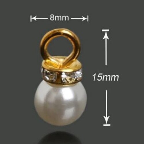 Breloque, charm, pendentif, perle boule lisse, blanc nacré, calotte strass dorée ** diamètre 8 mm ** vendu à l'unité - bc03