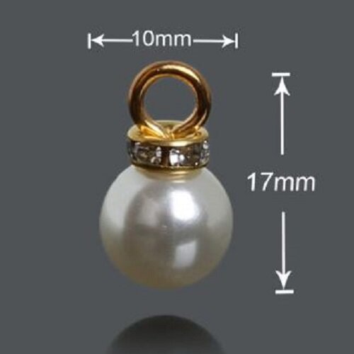 Breloque, charm, pendentif, perle boule lisse, blanc nacré, calotte strass dorée ** diamètre 10 mm ** vendu à l'unité - bc03