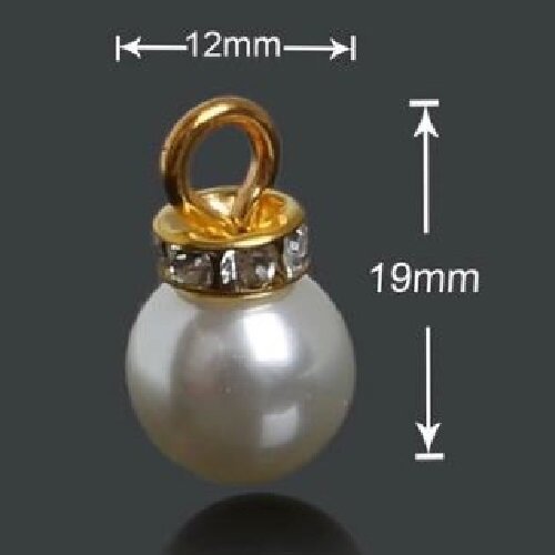Breloque, charm, pendentif, perle boule lisse, blanc nacré, calotte strass dorée ** diamètre 12 mm ** vendu à l'unité - bc03