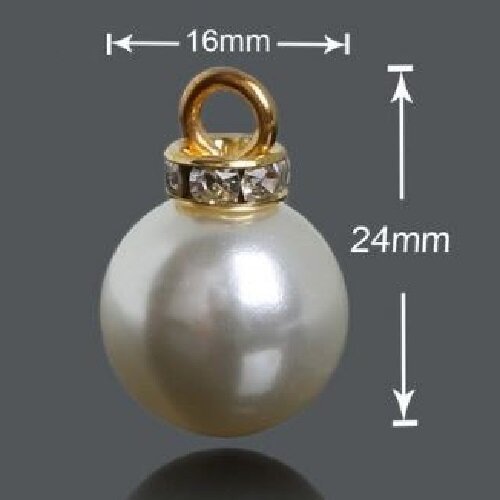 Breloque, charm, pendentif, perle boule lisse, blanc nacré, calotte strass dorée ** diamètre 16 mm ** vendu à l'unité - bc03