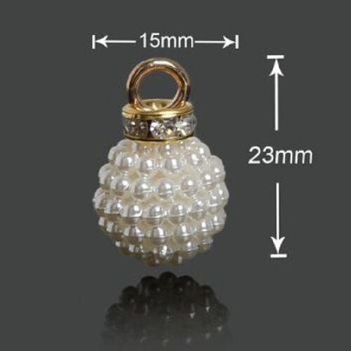 Breloque, charm, pendentif, perle boule bosselée, blanc nacré, calotte strass dorée ** diamètre 15 mm ** vendu à l'unité - bc03