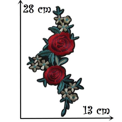 Grand écusson - bouquet de fleur roses rouges ** 13 x 28 cm ** patch brodé thermocollant - applique à repasser - c5350