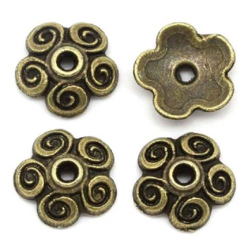 Lot de 10 coupelles / calotte, fleur corolle, métal cuivre, 10 mm, convient pour perles 12 à 16 mm - c12