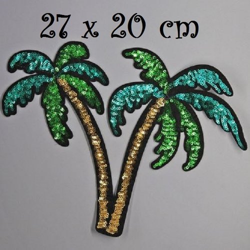 Grand écusson patch thermocollant - arbre palmier cocotier, sequin ** 27 x 20 cm ** applique à repasser