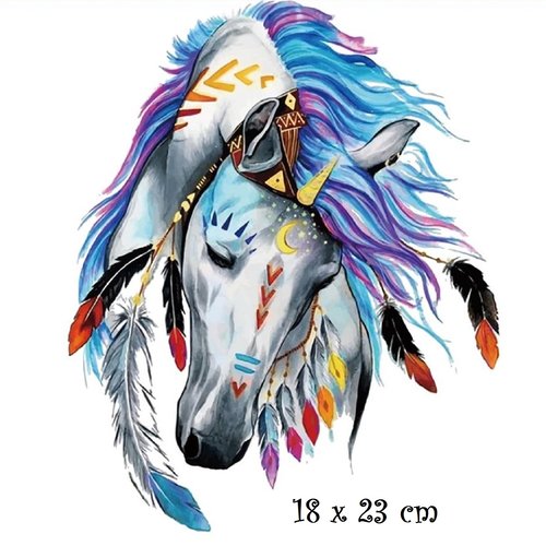 Patch applique, dessin transfert thermocollant, cheval licorne, plumes d'indien ** 18 x 23 cm ** sérigraphie à repasser - t987