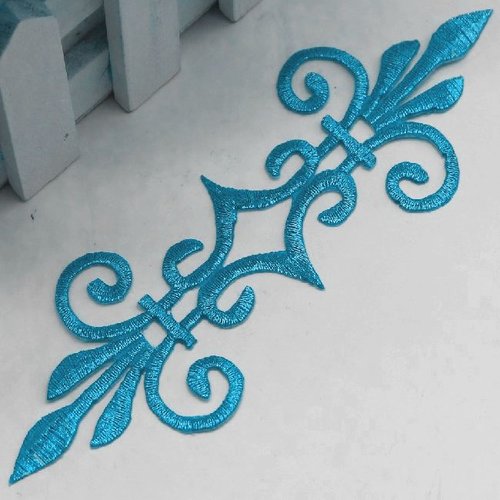 Écusson patch thermocollant - emblème fleur de lys, armoiries royauté, turquoise ** 17 x 5,5 cm ** applique à repasser