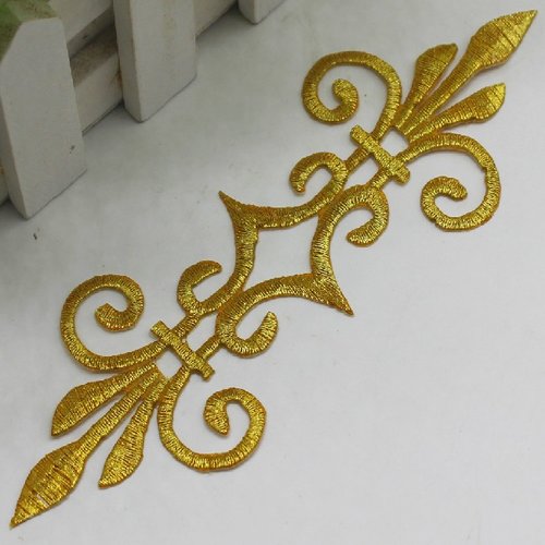 Écusson patch thermocollant - emblème fleur de lys, armoiries royauté, doré ** 17 x 5,5 cm ** applique à repasser